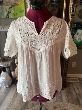 Knox Rose Cream Eyelet Boho Peasant Blouse